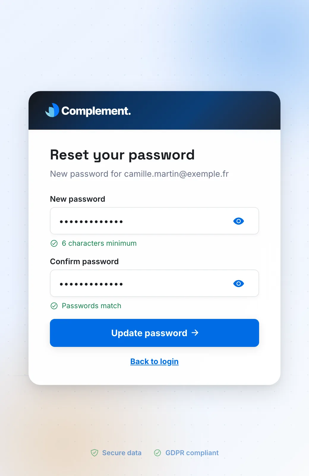 The Reset your password page, opened from the link received by email