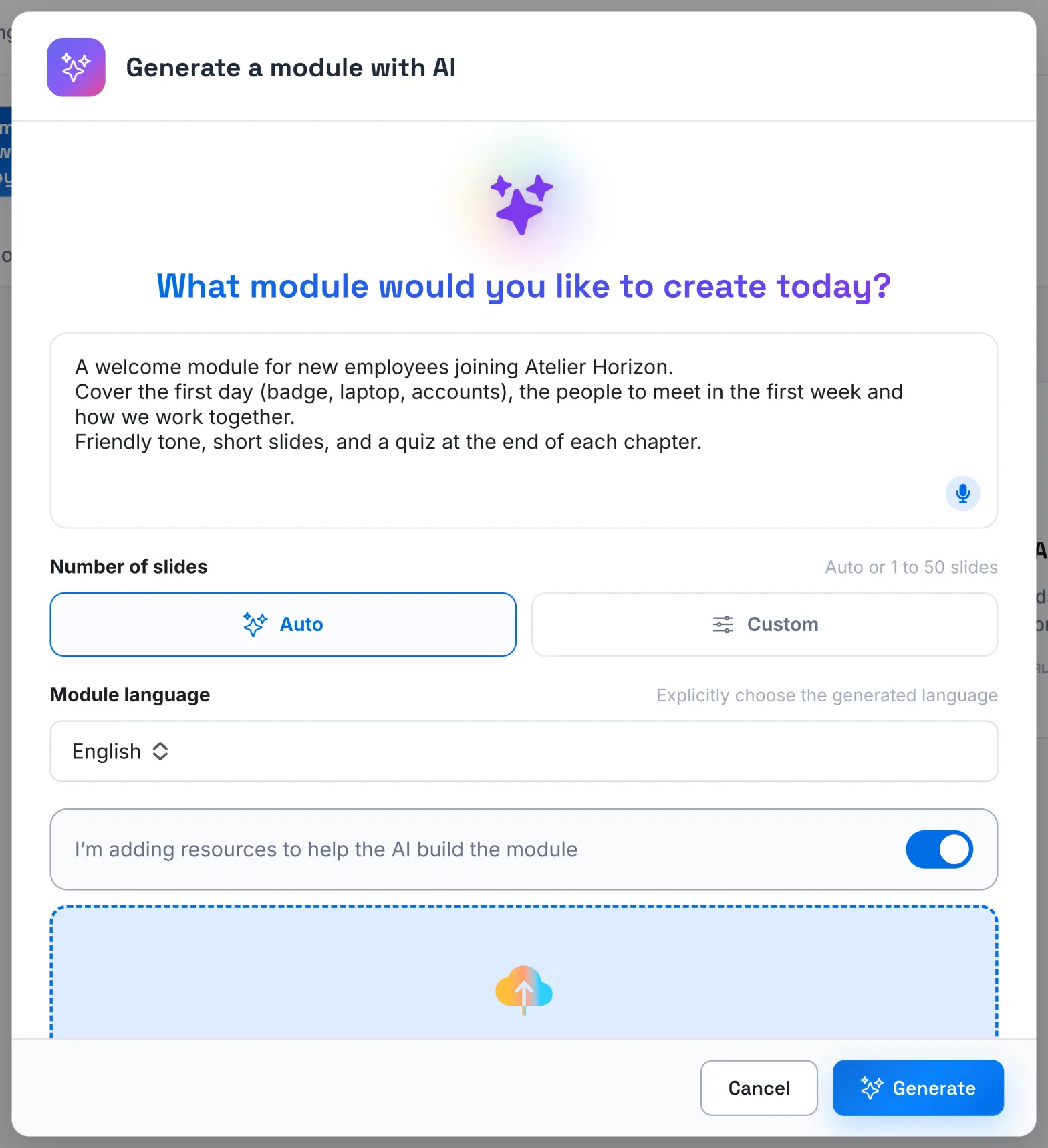 The generation window with the prompt, the number of slides, the language and the resources option turned on