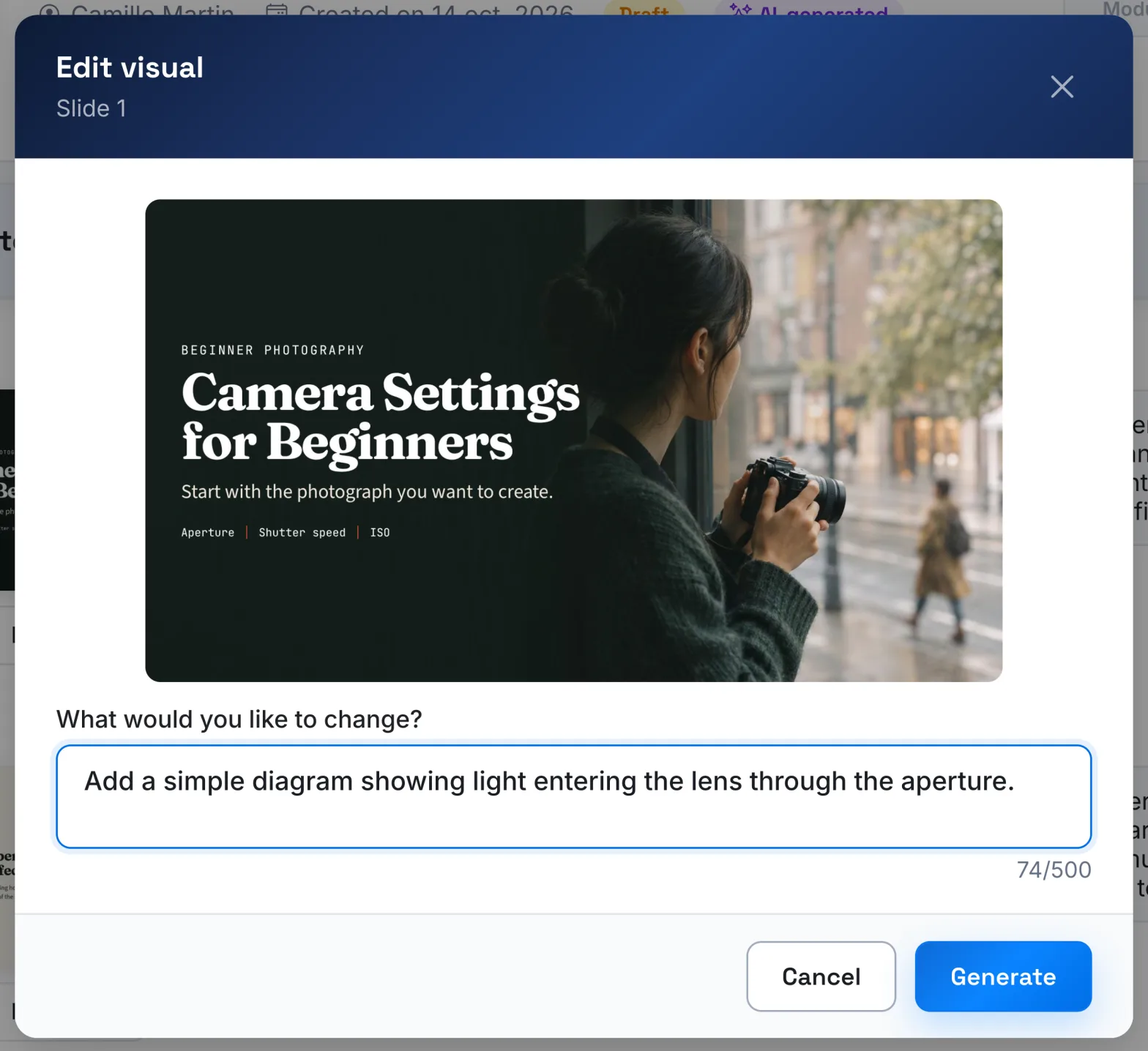 The Edit visual window with an instruction typed in