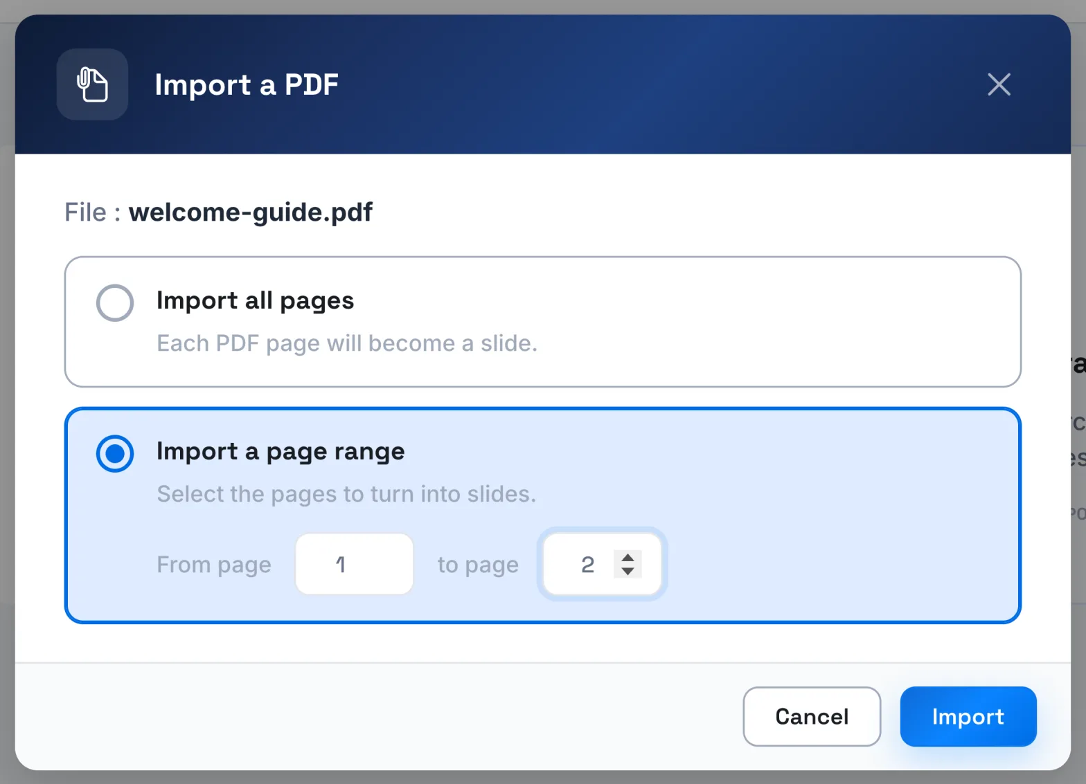 The Import a PDF window with the Import a page range option