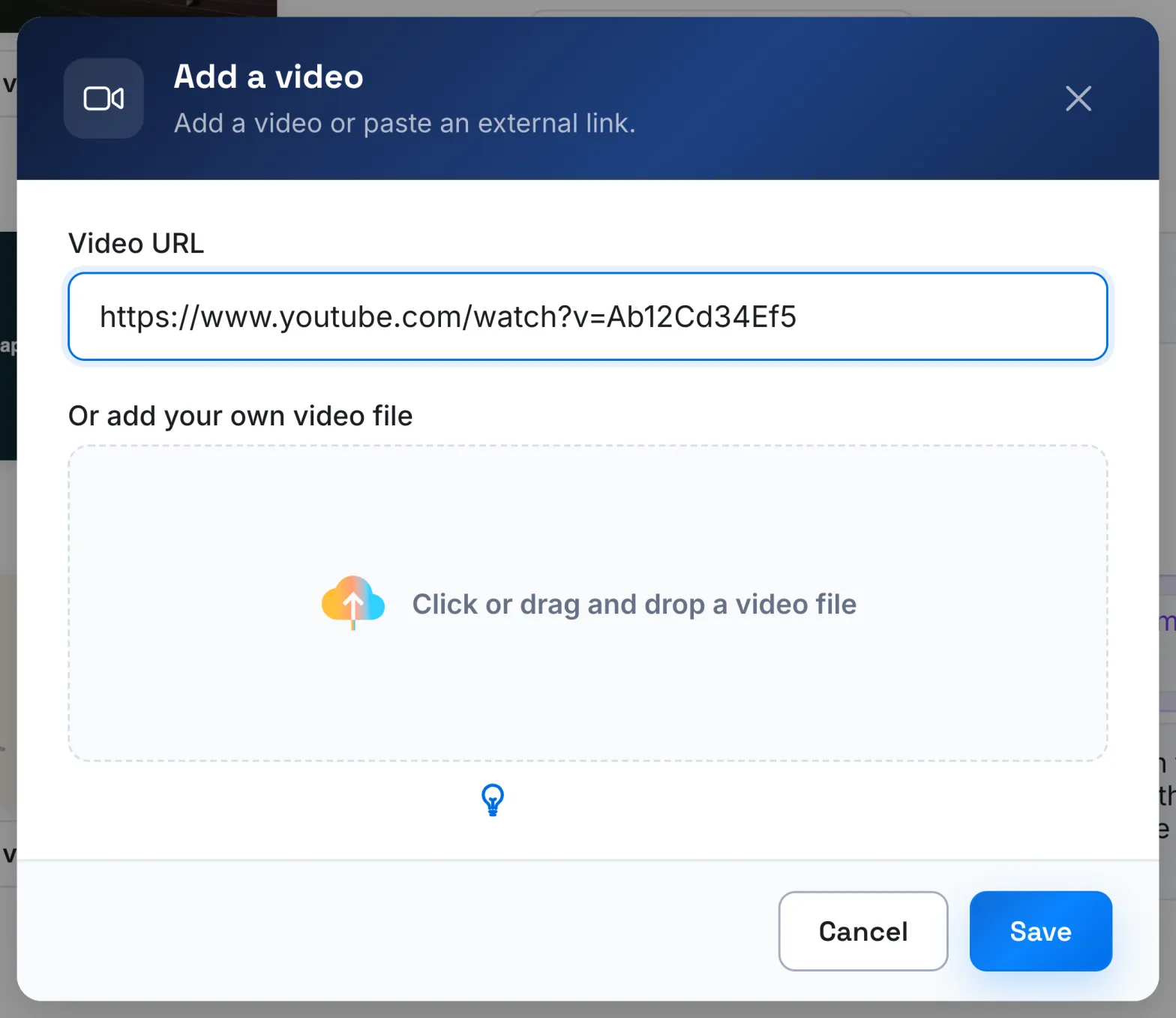 The Add a video window with a link pasted in