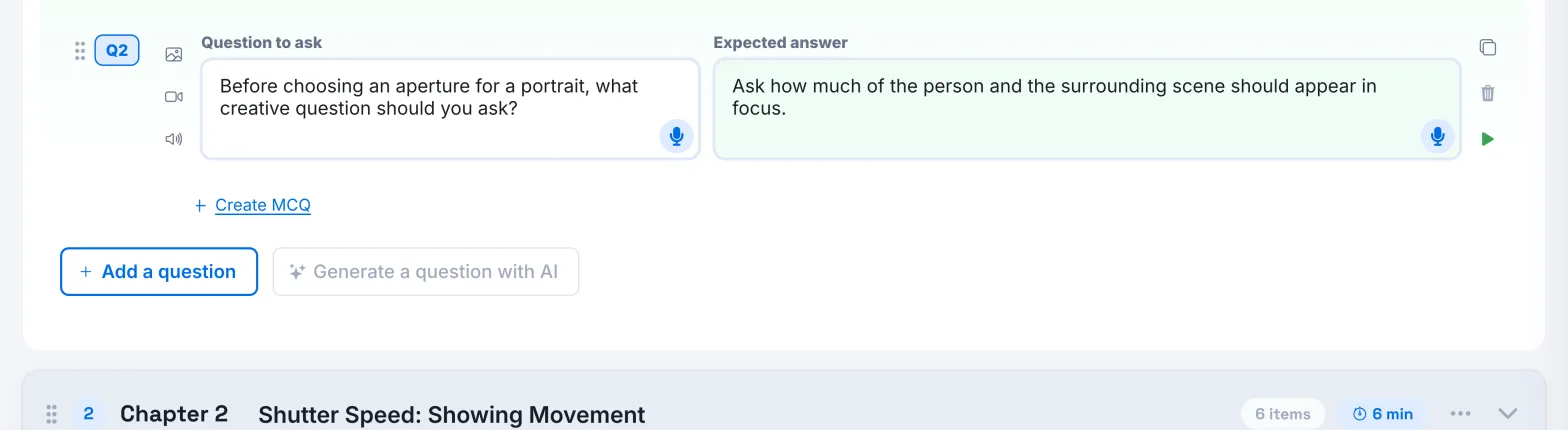 The Chapter's quiz section with a completed open question