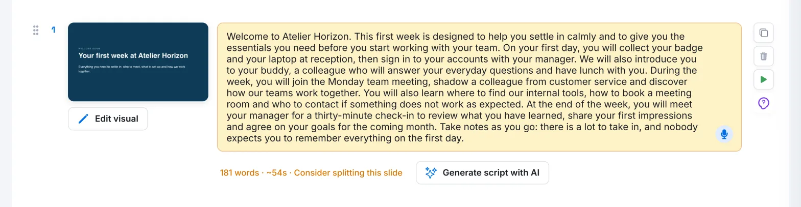 A slide's script with its word count and the length alert