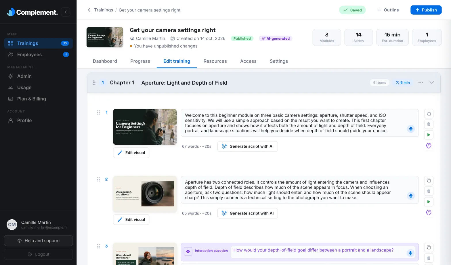 The Saved indicator at the top right of the editor