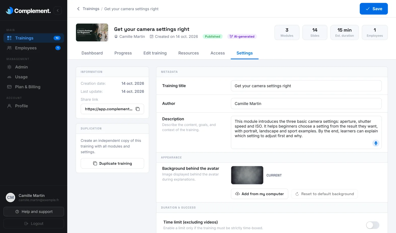The Settings tab, with the information on the left and the metadata on the right