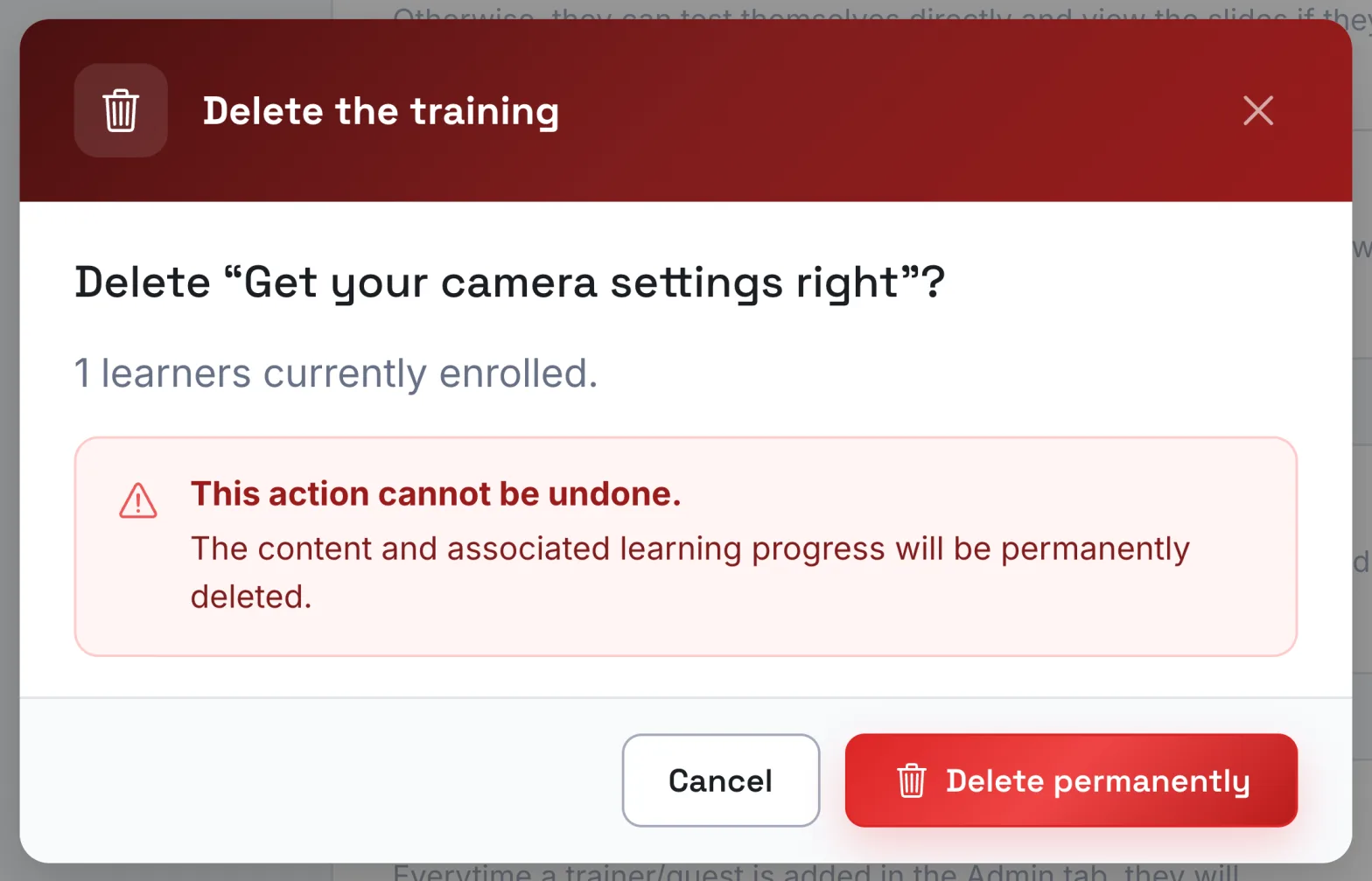 The deletion window, with the number of enrolled learners