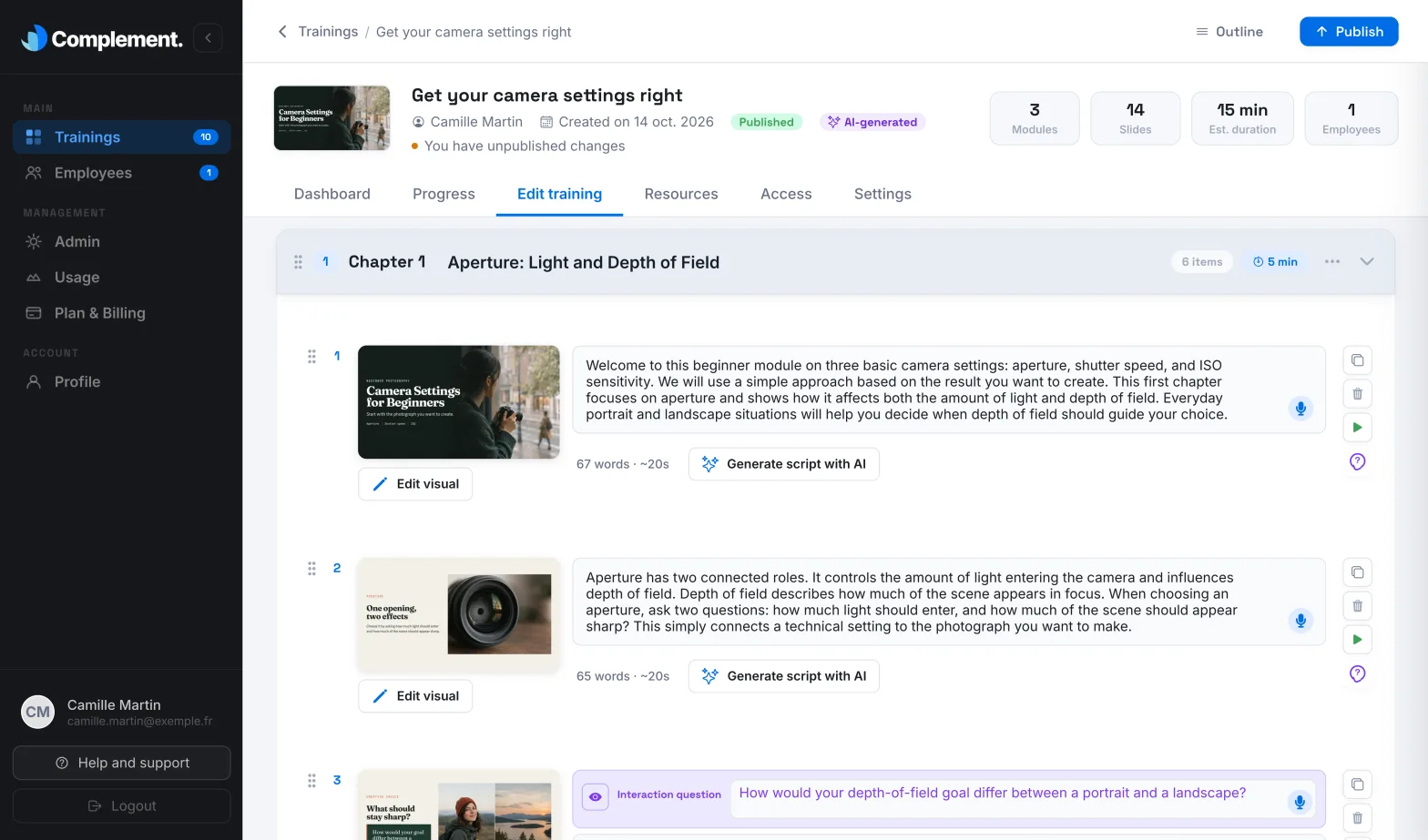 The Edit training tab, with the Publish button at the top right