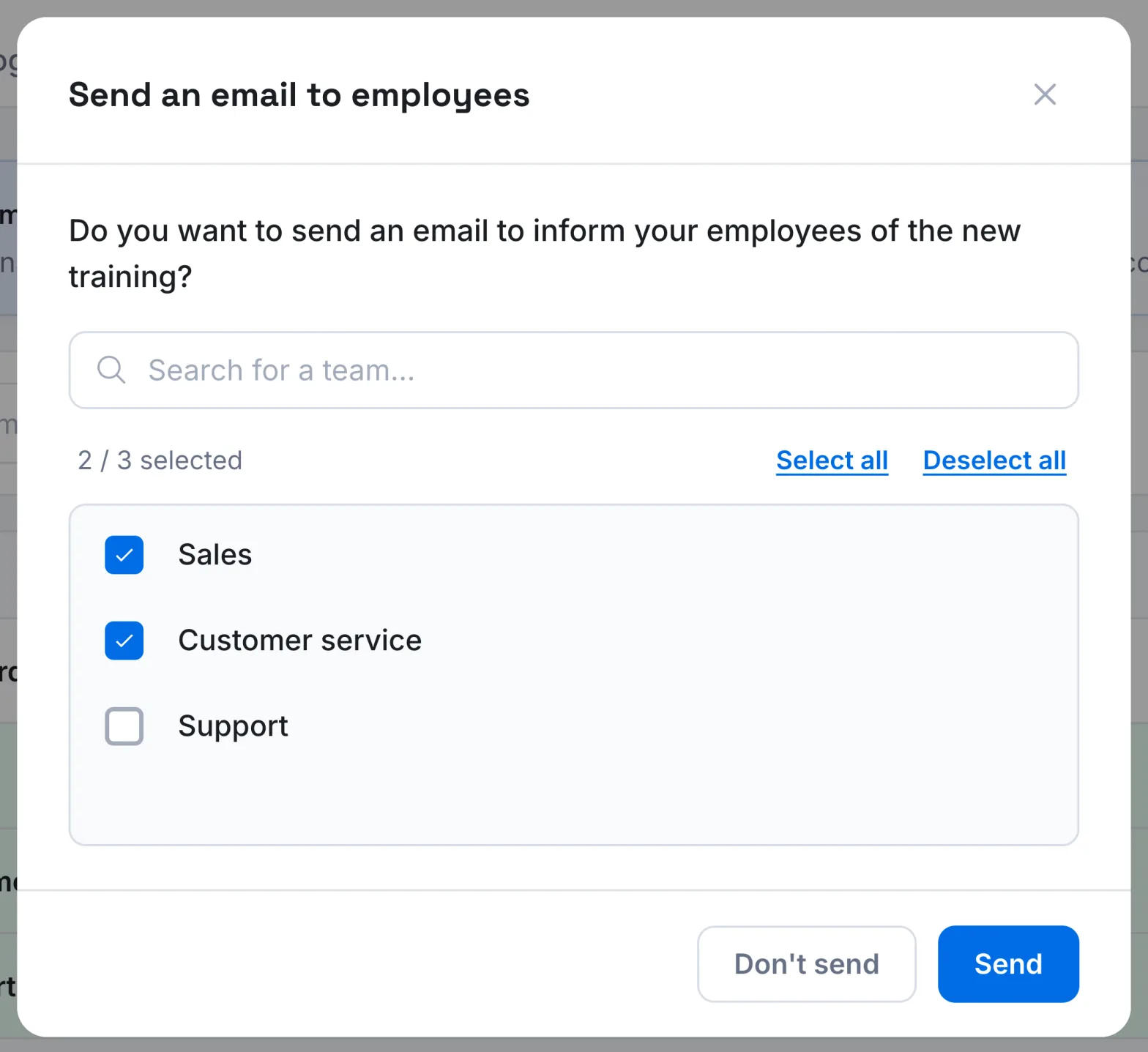 The Send an email to employees window, with two teams ticked