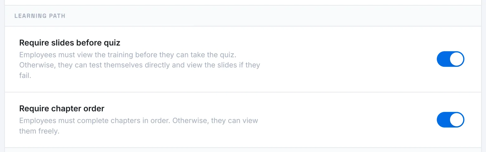 The Learning path section with its two toggles