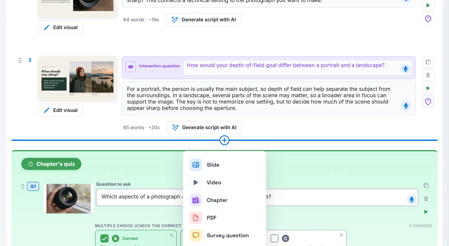 The Add content menu open below a slide