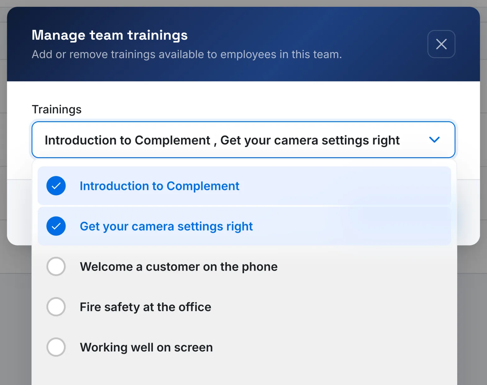 The window for managing a team's courses, with the list of published courses