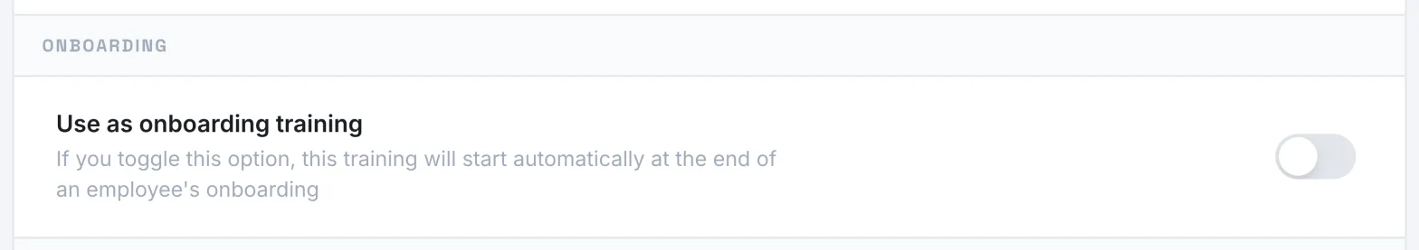 The Onboarding group in Settings, with the Use as onboarding training option