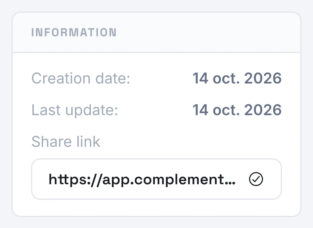 The Settings tab, with the share link in the Information card