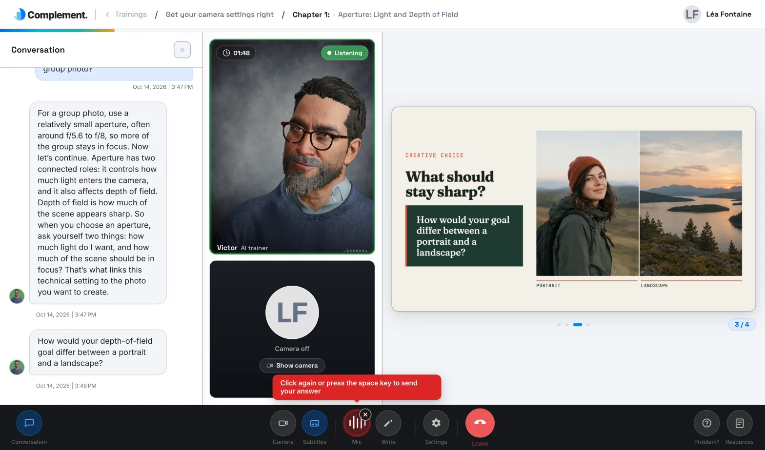 The player during a spoken question, with the Conversation panel open