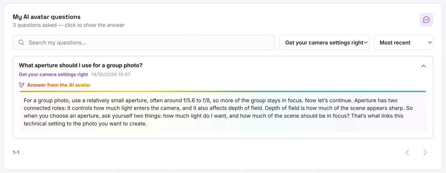 The My AI avatar questions section, with one question expanded and its answer