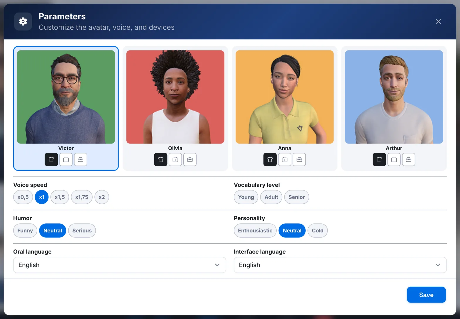 The Parameters window with the avatars, the voice settings and the languages
