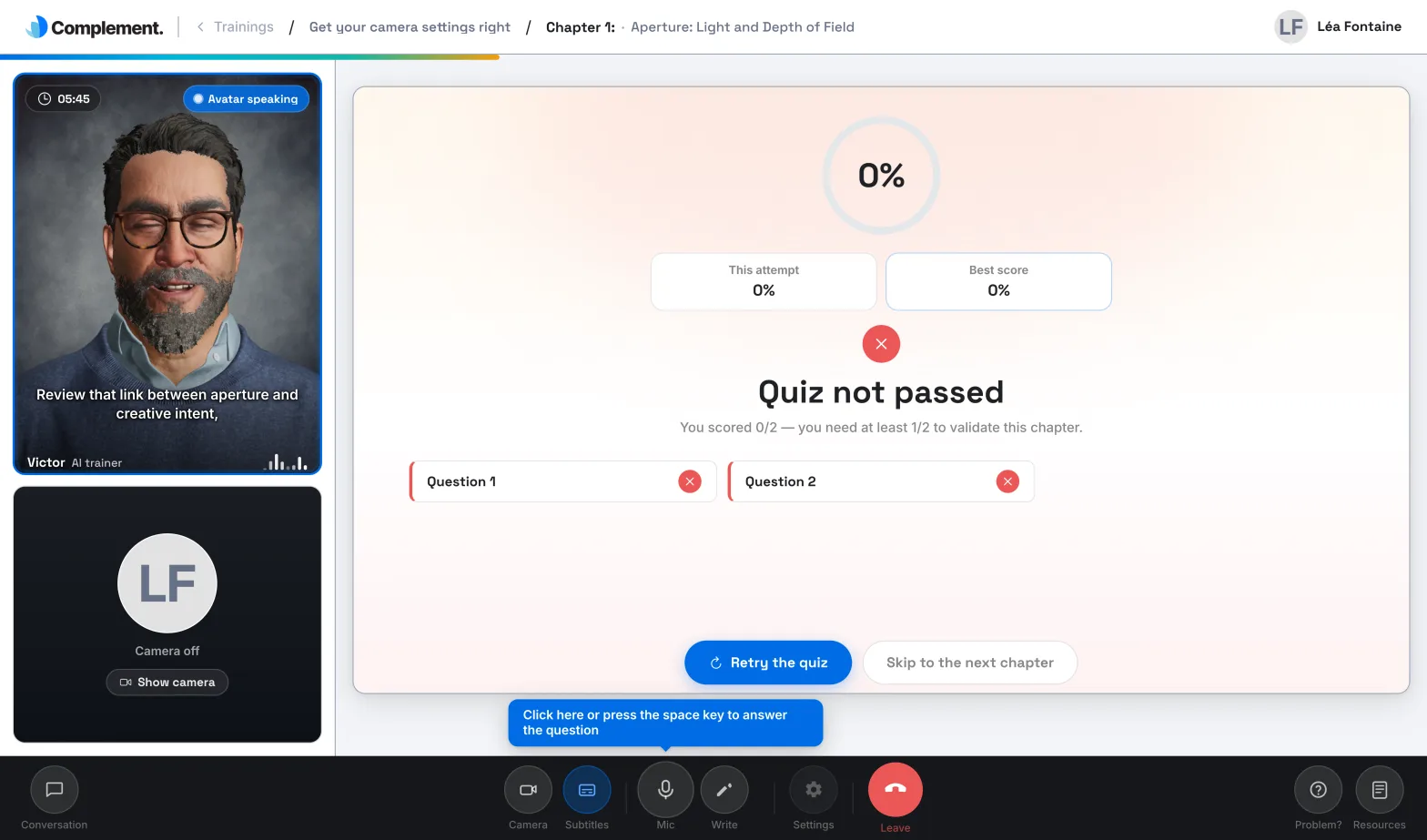 The result screen of a quiz not passed, with the Retry the quiz and Skip to the next chapter buttons