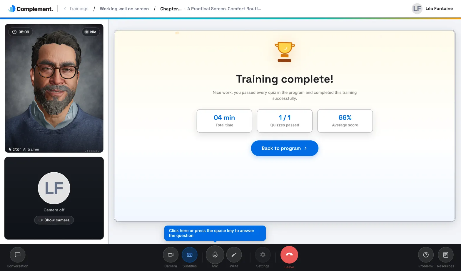 The end screen of a passed course, with the total time, the quizzes passed and the average score