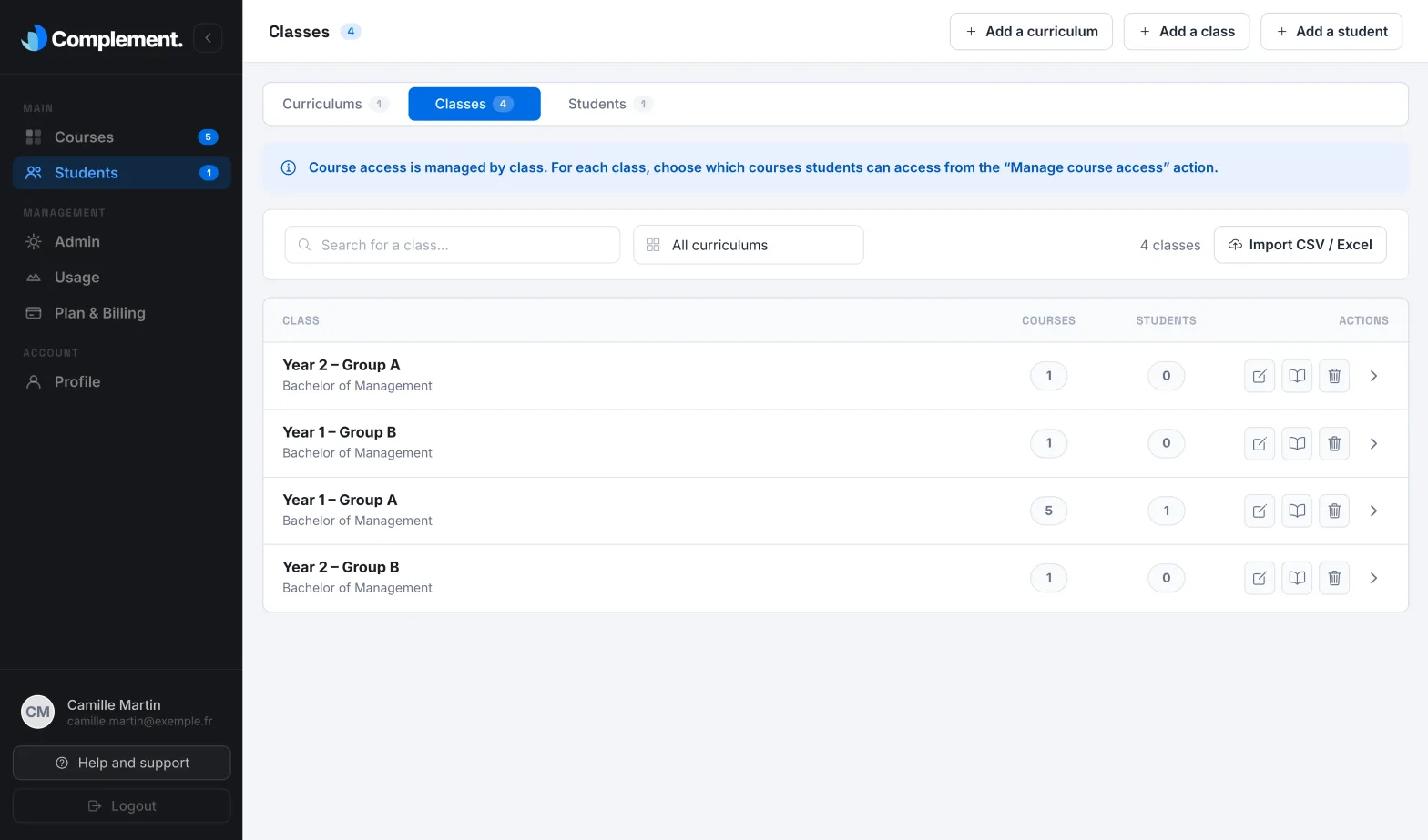 The Students menu open on the Classes tab, with an institution's curriculums and classes