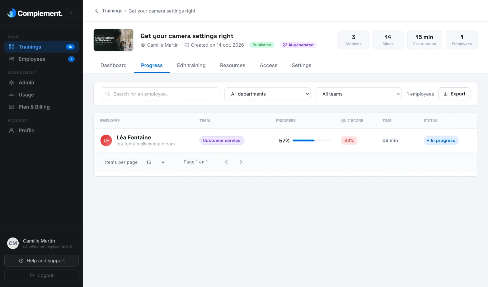 The Progress tab: filters, list of learners and Export button