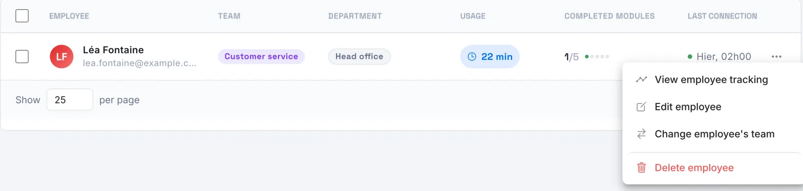 The list of learners, with the actions menu open on View employee tracking