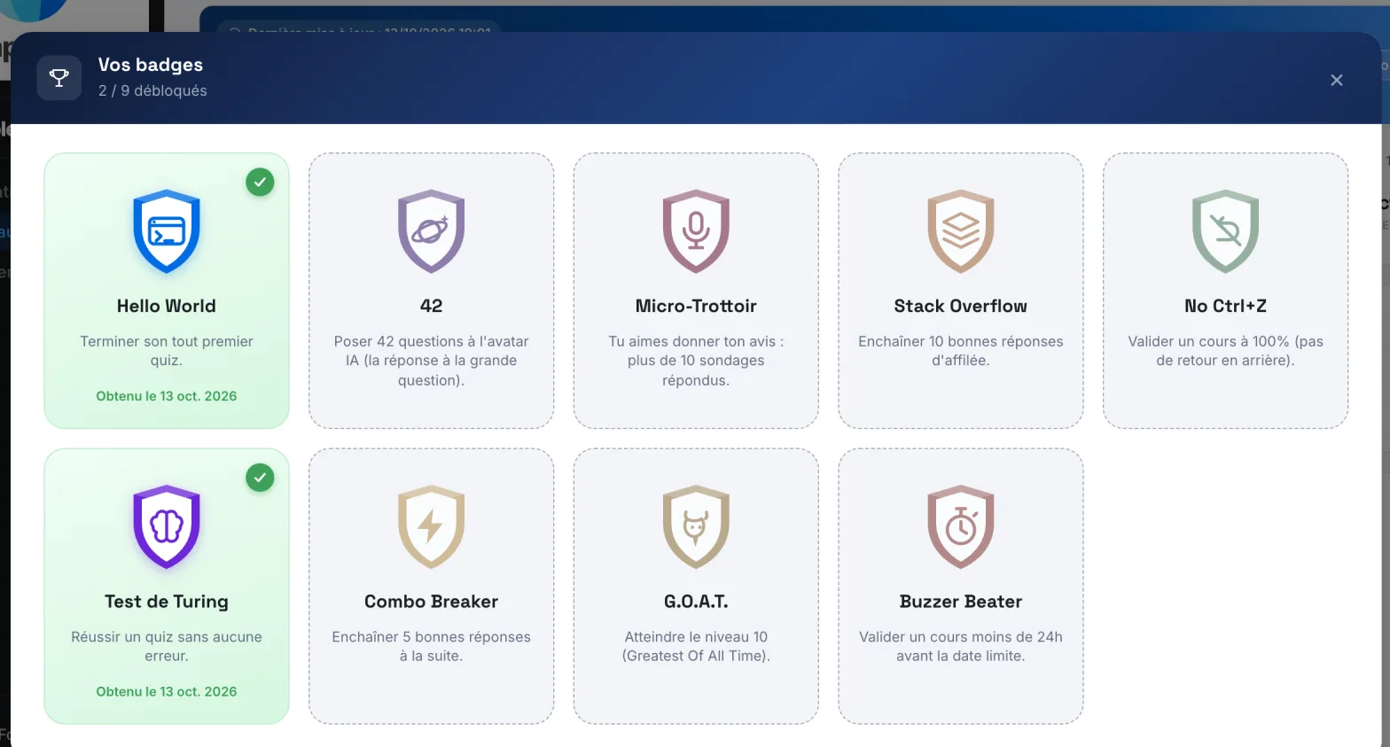 The Your badges window, with the badges earned and those still to unlock