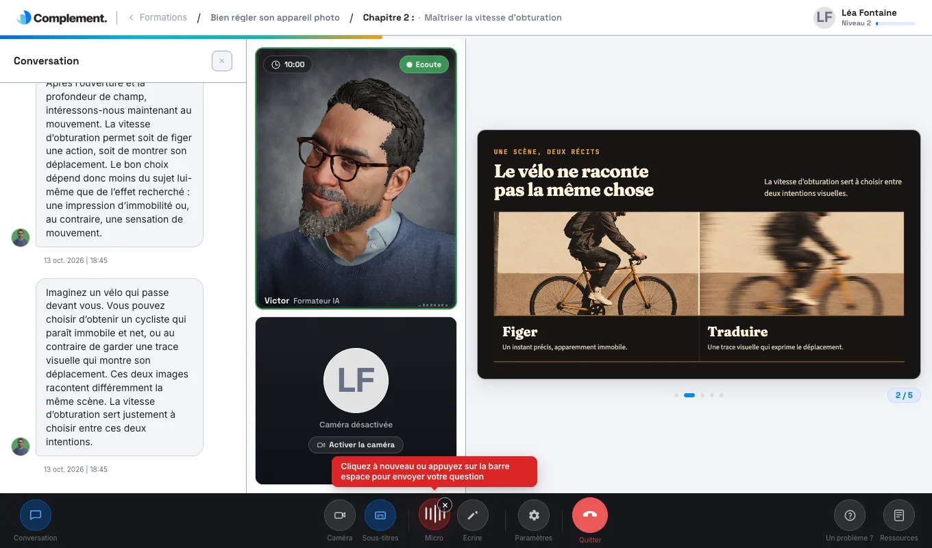 Le lecteur pendant une question à l'oral, avec le panneau Conversation ouvert