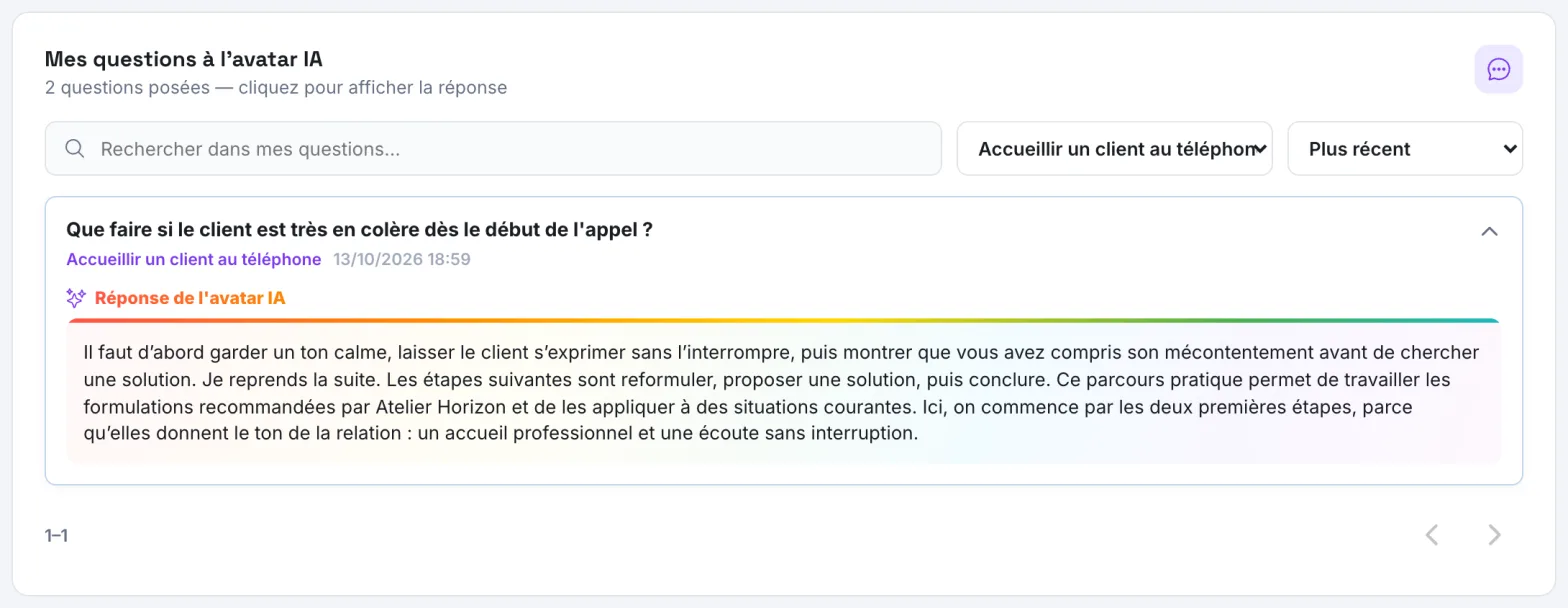 La section Mes questions à l'avatar IA, avec une question dépliée et sa réponse