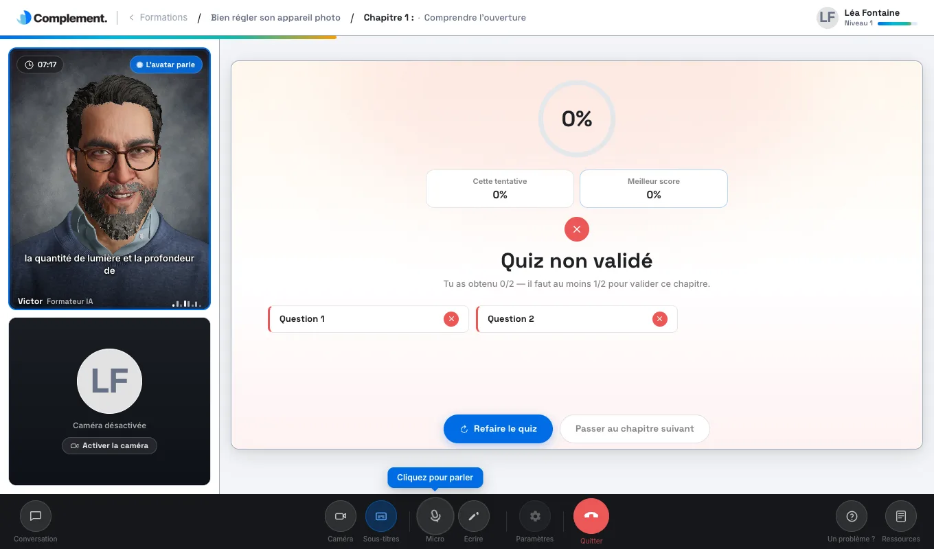 L'écran de résultat d'un quiz non validé, avec les boutons Refaire le quiz et Passer au chapitre suivant