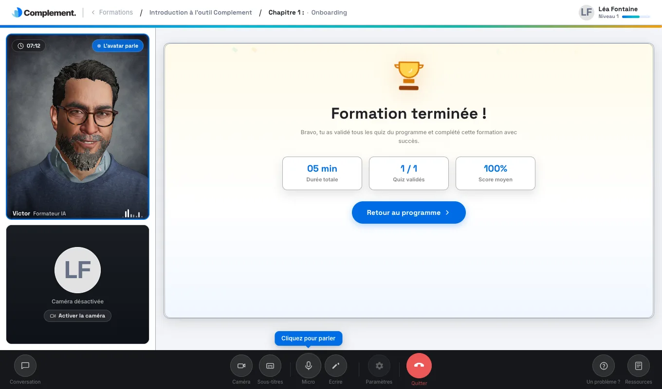 L'écran de fin d'une formation validée, avec la durée totale, les quiz validés et le score moyen