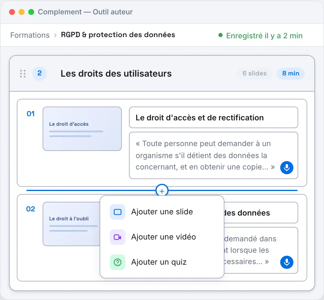 Outil auteur Complement : ajout d'une évaluation de fin de chapitre à un module RGPD, en quelques clics.